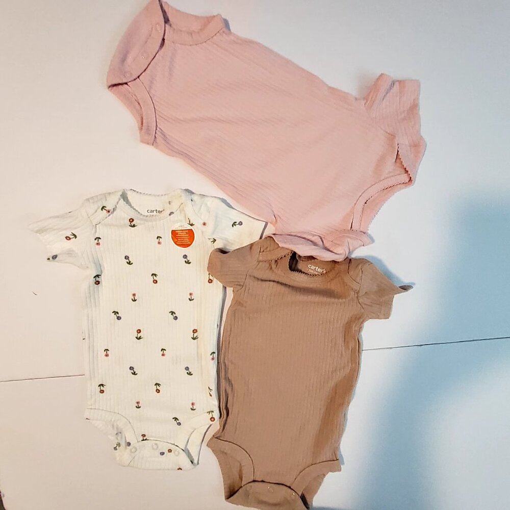 Carters Baby Onesies Set Of 3 - 9M Pink White & Brown Ribbed Cotton Short sleeve